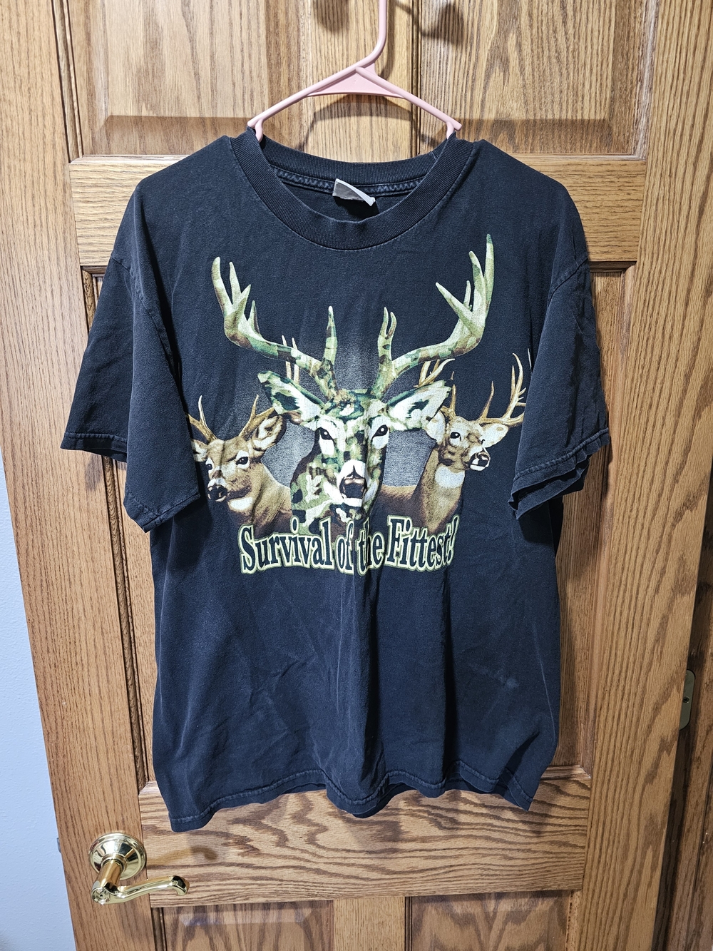 Black Graphic Tee with Deer Print - "Survival of the Fittest" 90's